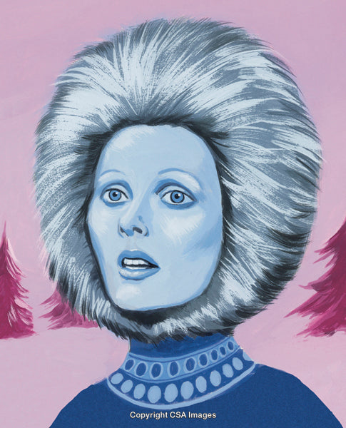 Surreal Portrait of a Woman With Unique Fur-Like Hairstyles Against Pastel Background