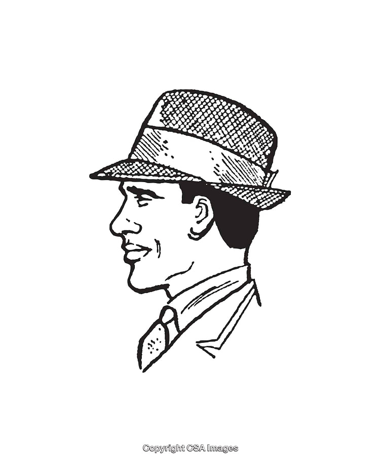 Black and White Line Art of Gentleman Wearing Fedora in Profile View