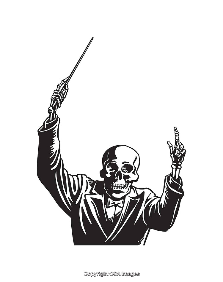Skeleton Conductor Leading a Musical Performance in Line Art Style