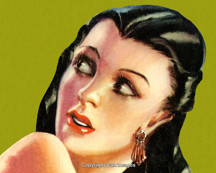 Classic Artwork Featuring Stylish Woman With Retro Earrings Against Green Background