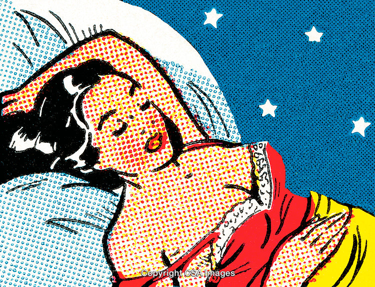Vivid Pop Art Style Illustration of Woman Resting Under Starry Sky