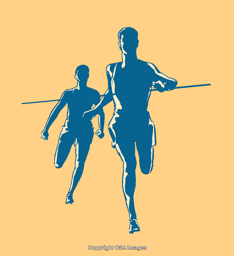 Two Runners Crossing the Finish Line in Color Line Art Style