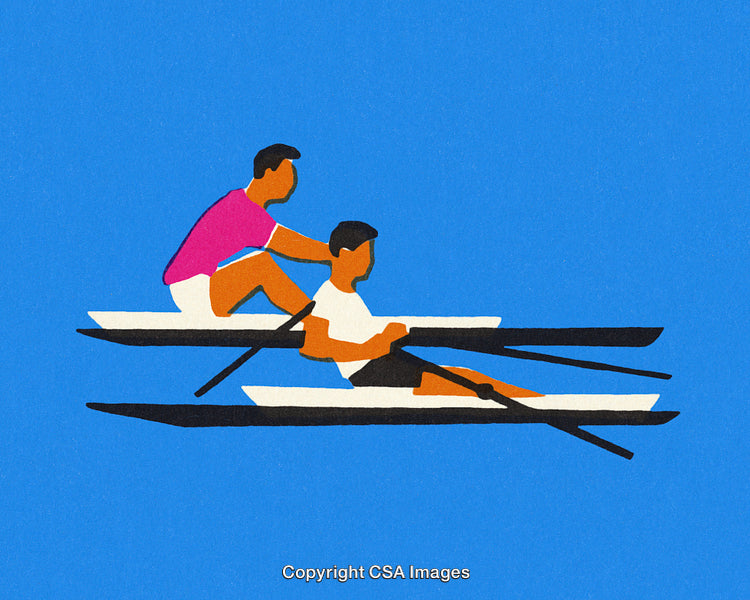 Two Individuals Rowing on a Clear Blue Lake in Tandem