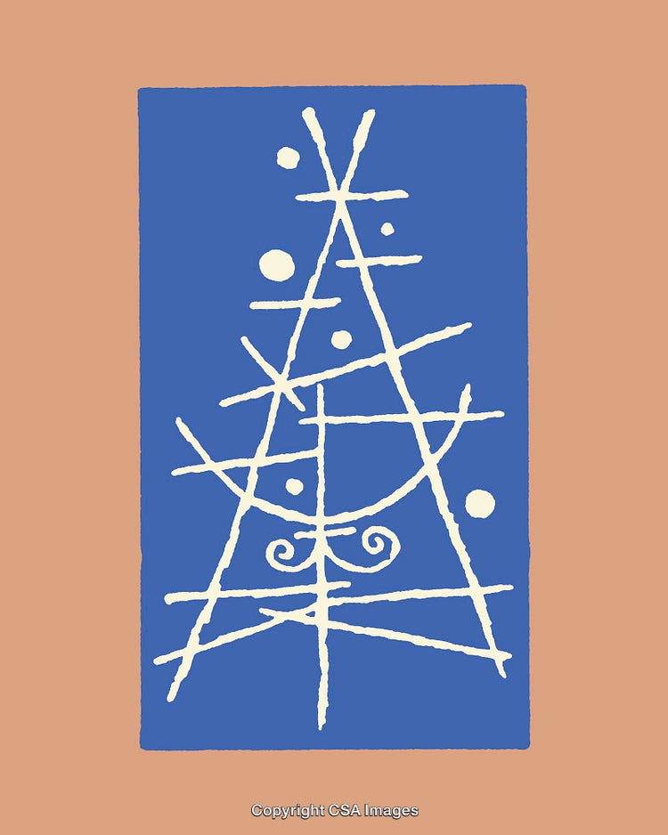 Abstract Line Art Christmas Tree on Blue Background with Circular Accents
