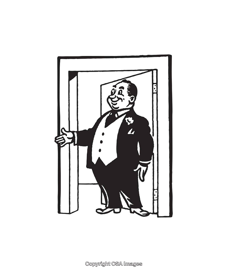 Charming Gentleman Welcoming Guests in Black-and-White Line Illustration