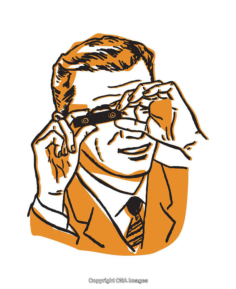 Retro Illustration of Businessman Observing Through Binoculars in Orange Tones