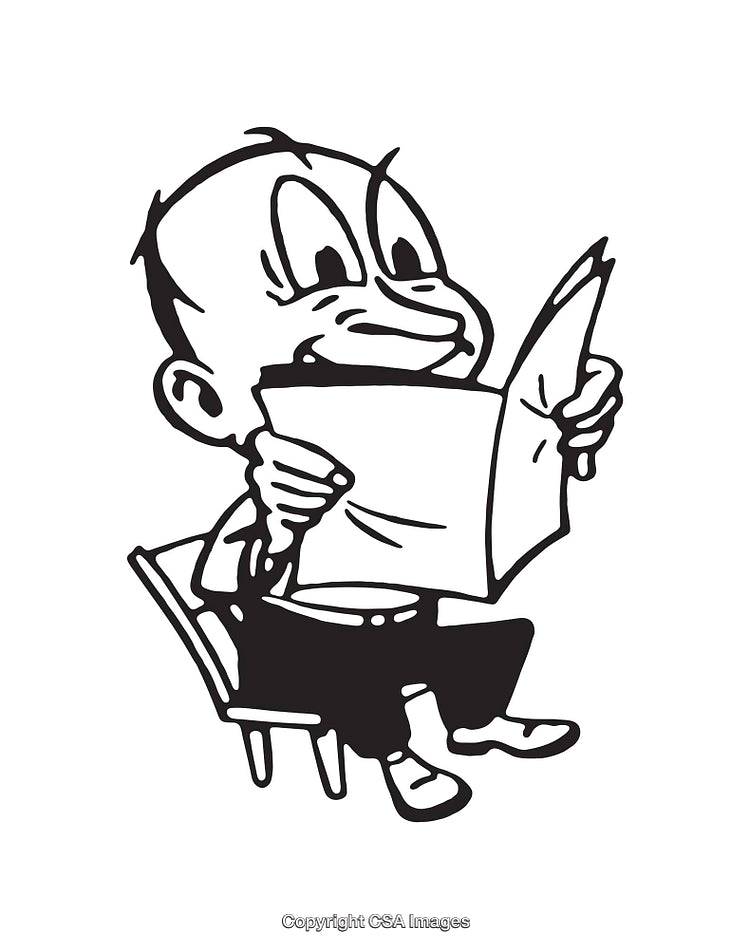 Retro Black and White Cartoon Character Reading a Document Illustration