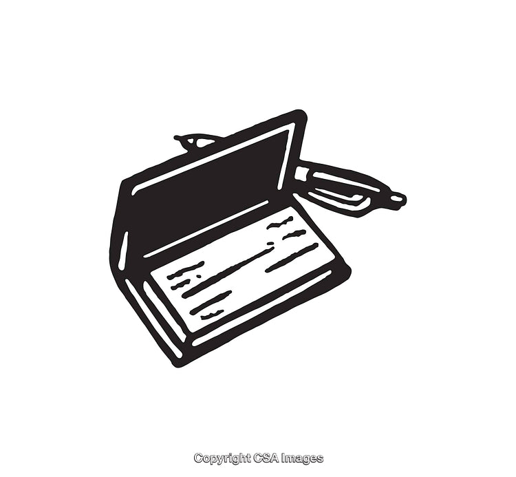 Black and White Line Art of Checkbook with Pen Illustration