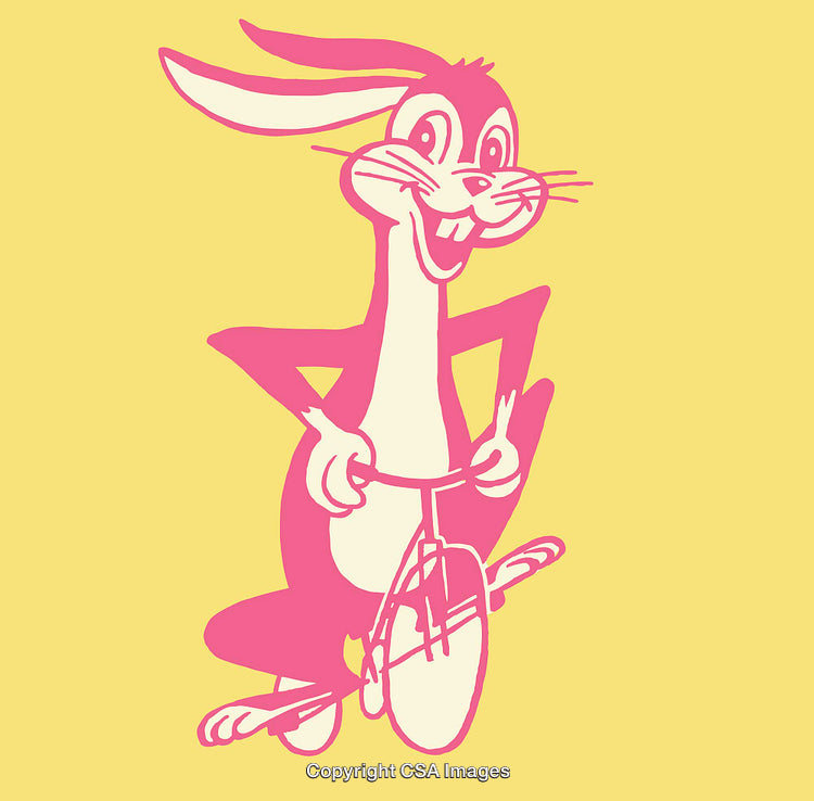 Colorful Rabbit Line Art Illustration Riding a Bicycle on a Solid Background