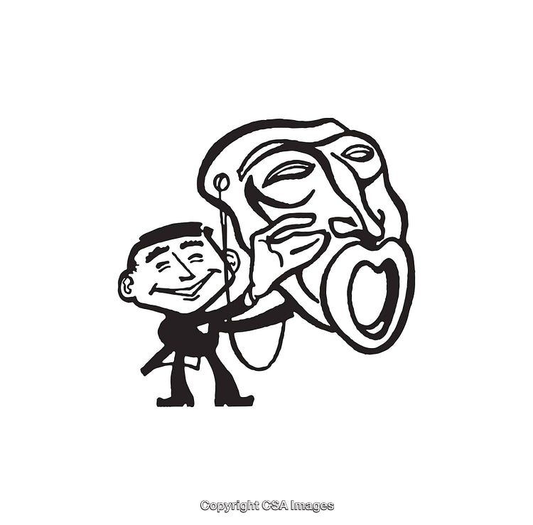 Cartoon Illustration of a Man Carrying a Large Theater Mask