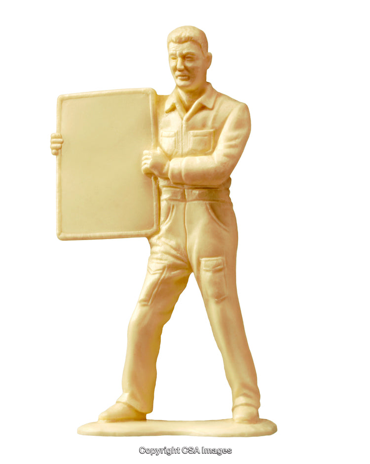 Plastic Toy Figurine of Worker Holding a Blank Signboard