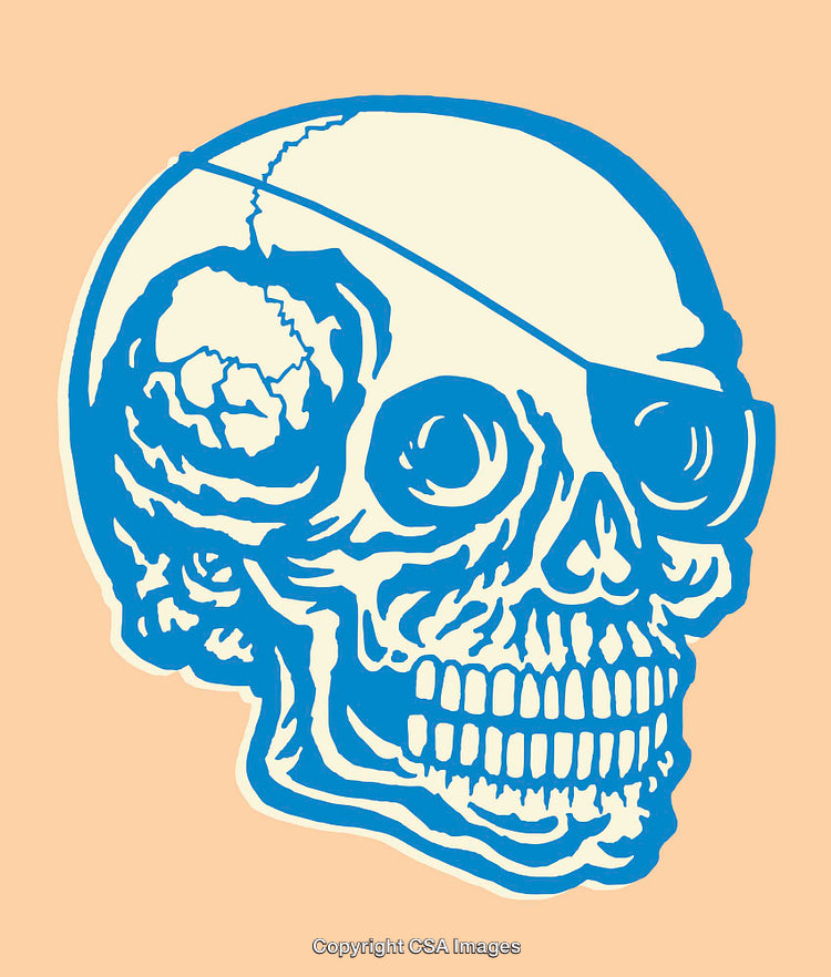 Colorful Line Art Illustration of a Blue Skull on a Pastel Background