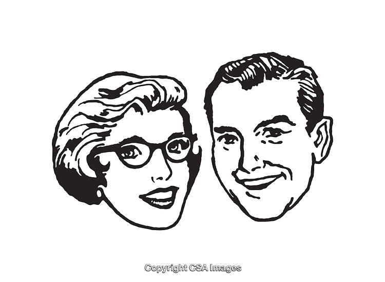 Retro Black and White Line Art of Smiling Man and Woman Portraits