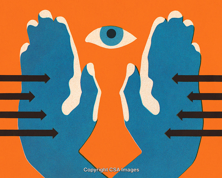 Abstract Surreal Illustration with Hands, Eye, and Arrows on Orange Background
