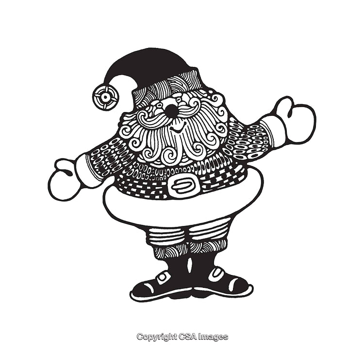 Black and White Line Art Illustration of Santa Claus Waving Happily