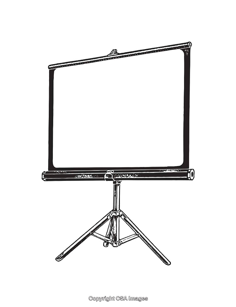 Black and White Line Art of a Presentation Screen on a Tripod Stand