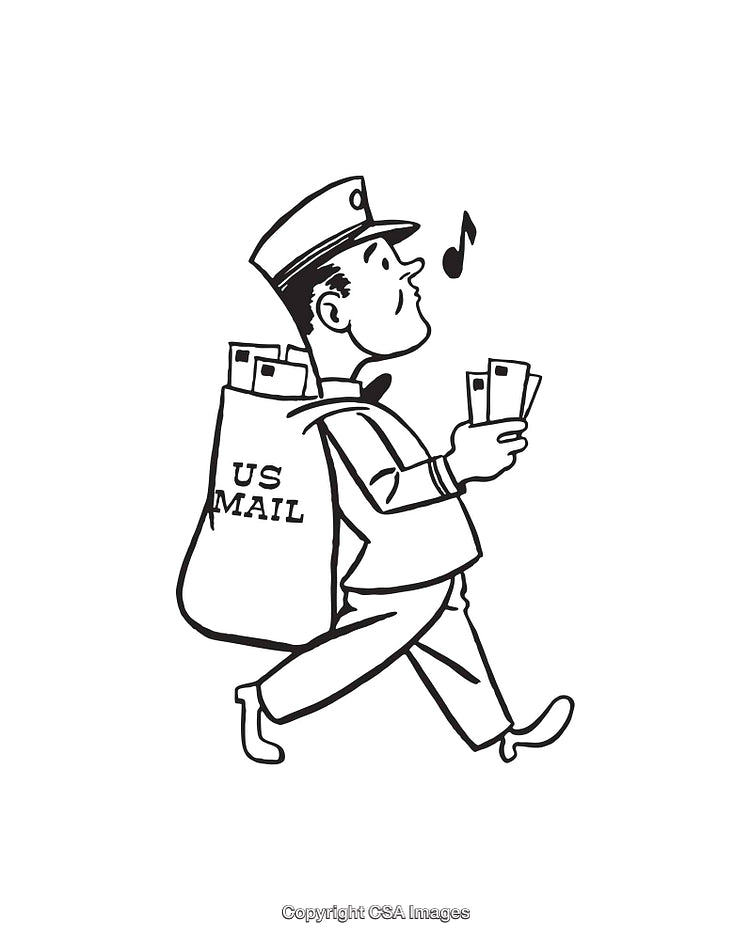 Retro Black and White Line Art of a Cheerful Mail Carrier