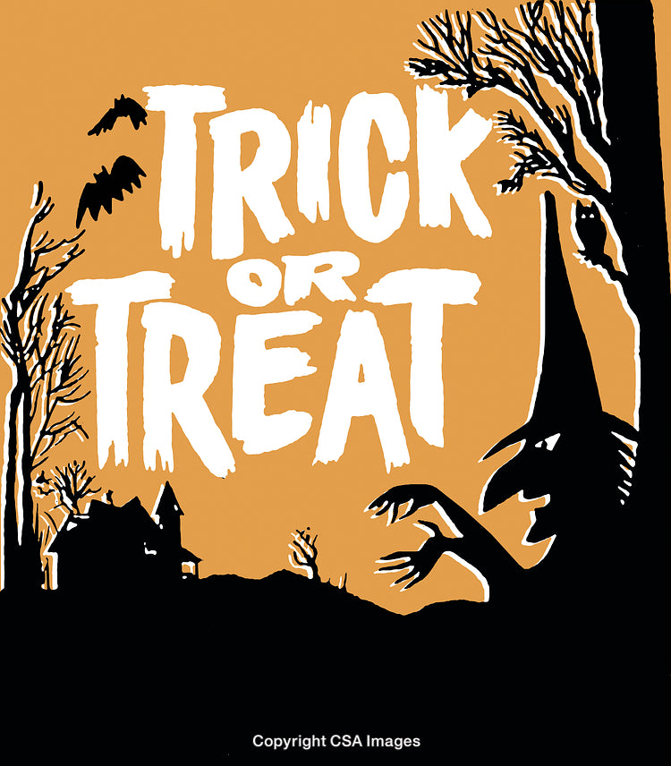 Halloween Trick or Treat Scene With Witch, Haunted House, and Spooky Trees