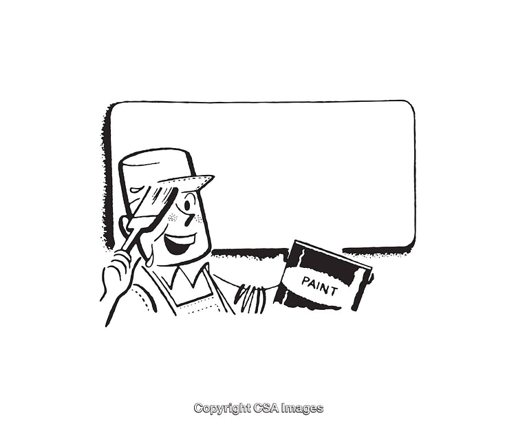 Black and White Illustration of Painter with Paint Can and Brush