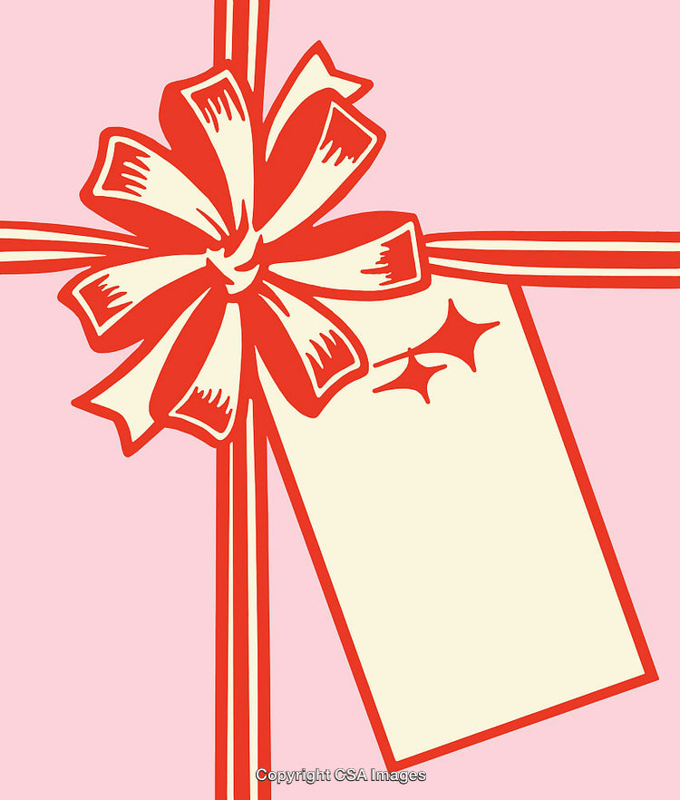Red Bow on Pink Background With Gift Tag Drawing in Line Art