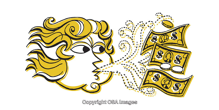 Whimsical Illustration of Wind Scattering Money and Coins in Gold Tones