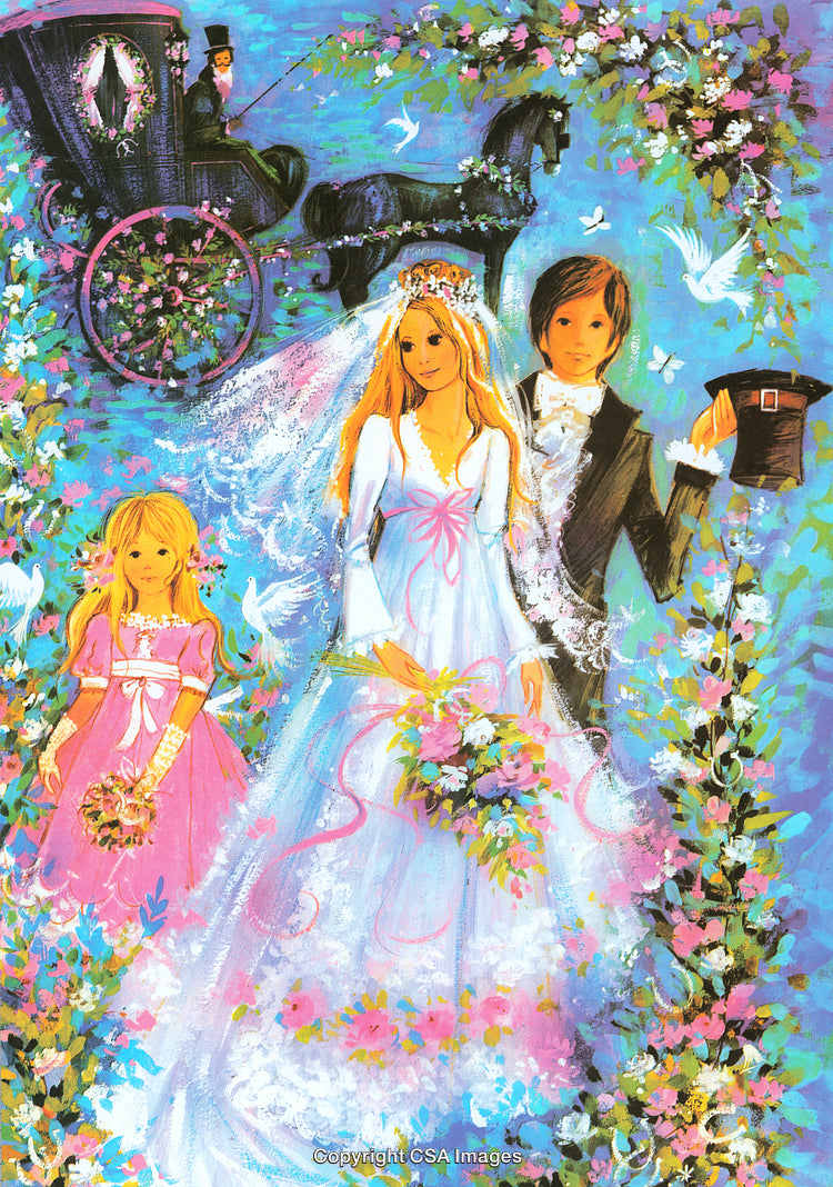 Romantic Wedding Scene With Bride, Groom, and Carriage Amid Floral Surroundings