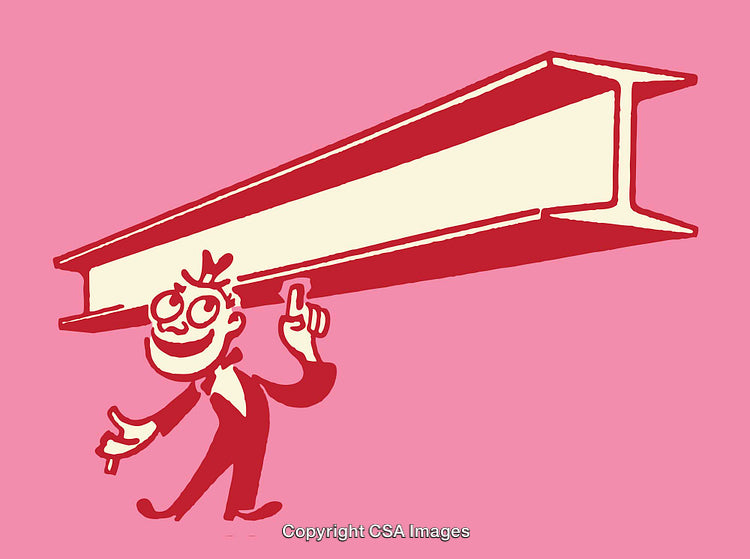 Cartoon Character Carrying Large Steel Beam on Pink Background