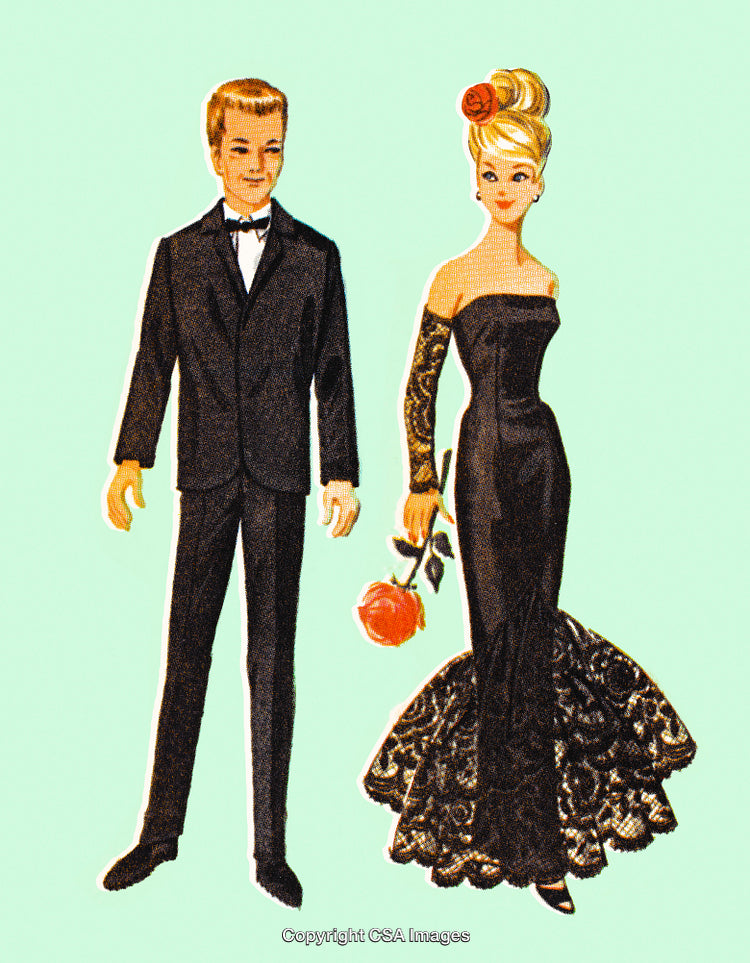Elegant Couple in Formal Evening Attire with Rose Gesture