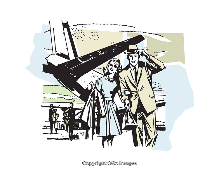 Vintage Illustration of a Couple Near an Airplane at the Airport