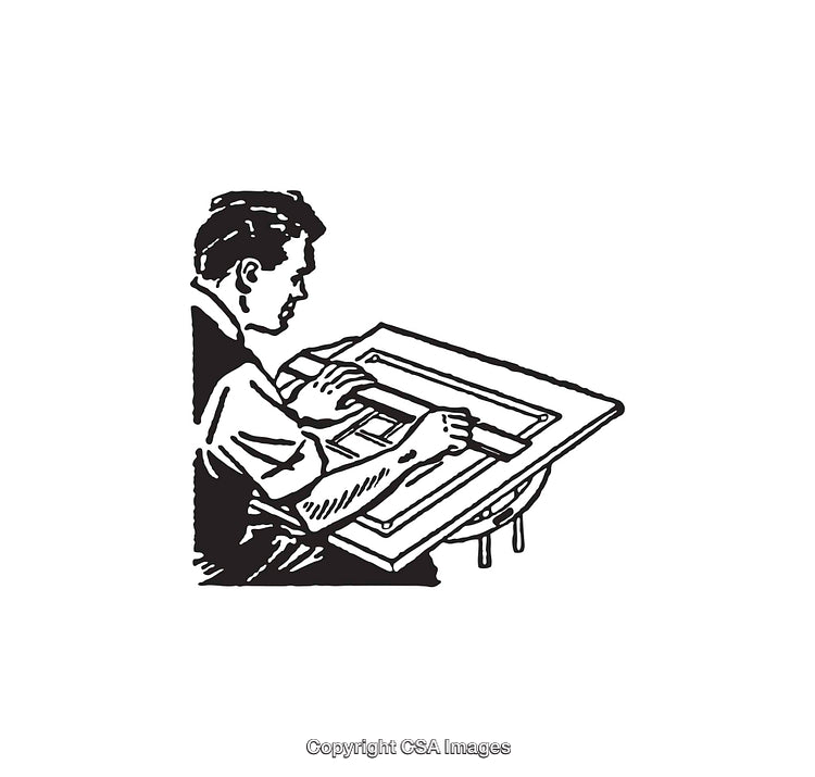 Illustration of a Man Working at a Drafting Table in Black and White