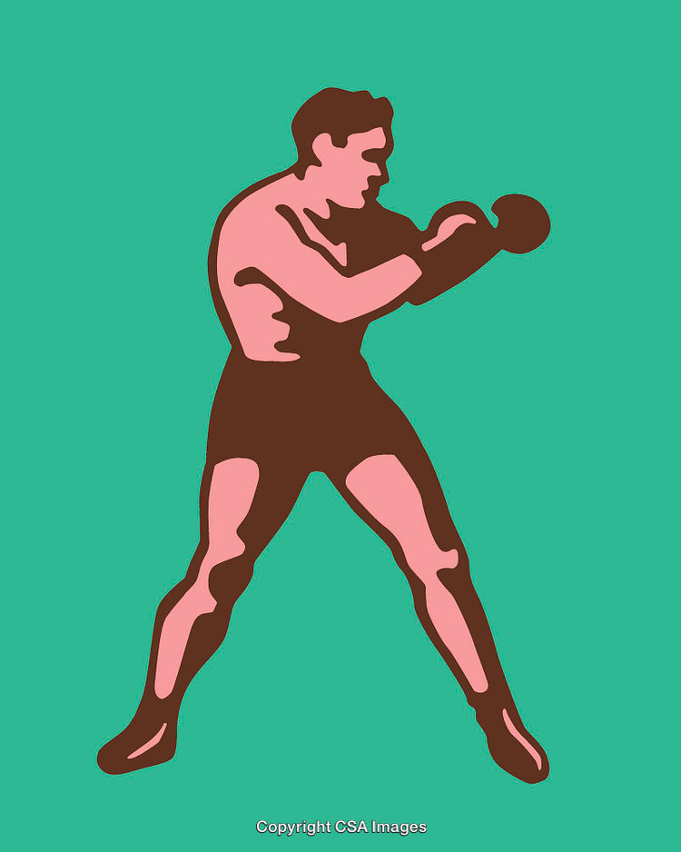 Vintage Inspired Line Art of a Boxer in Fighting Stance on Solid Background