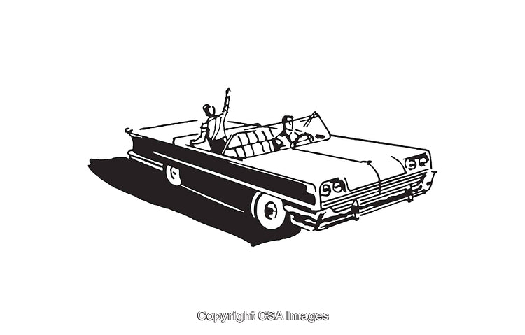 Black and White Line Art of Classic Convertible Car with Passengers