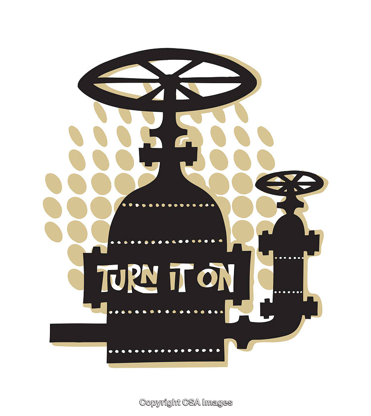 Stylized Illustration of Industrial Valve with Artistic Text Design