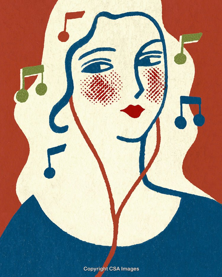 Artistic Illustration of a Woman Listening to Music with Abstract Notes