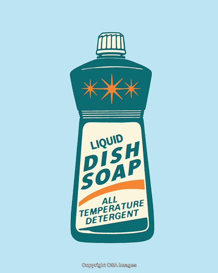 Retro Style Illustration of Liquid Dish Soap Bottle with Bold Text Design