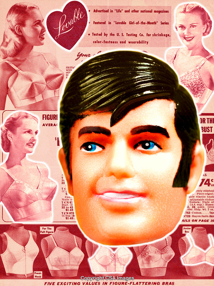 Retro Collage Featuring Vintage Figures and Textured Plastic Doll Toy Head