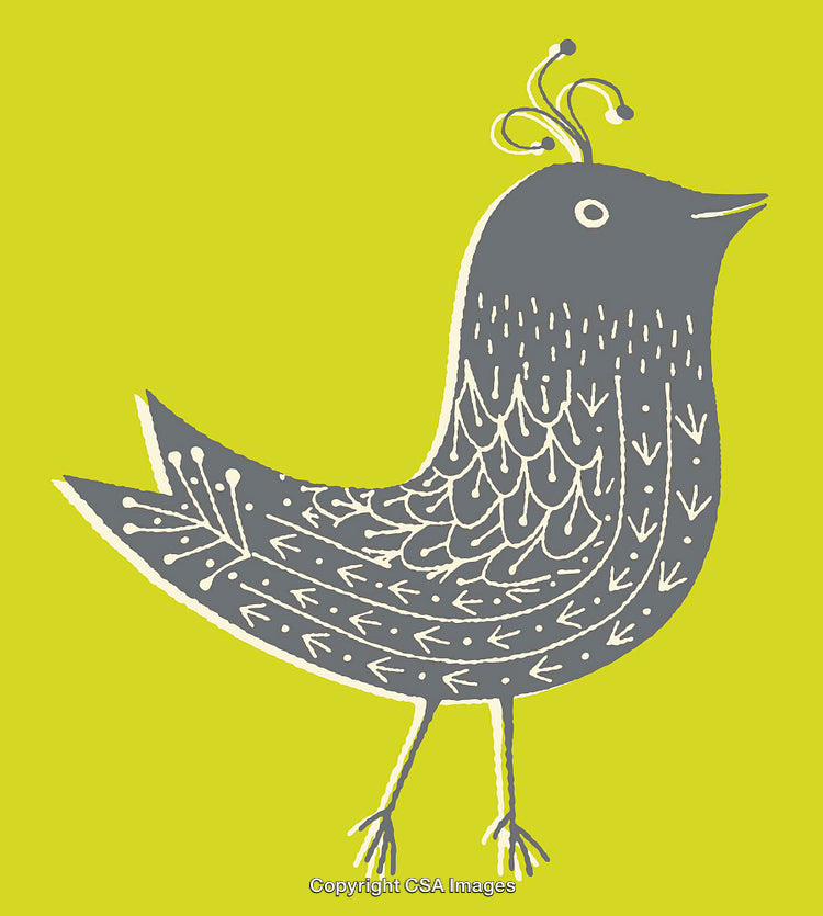 Whimsical Gray Bird on Bright Yellow Background Decorated with Unique Patterns