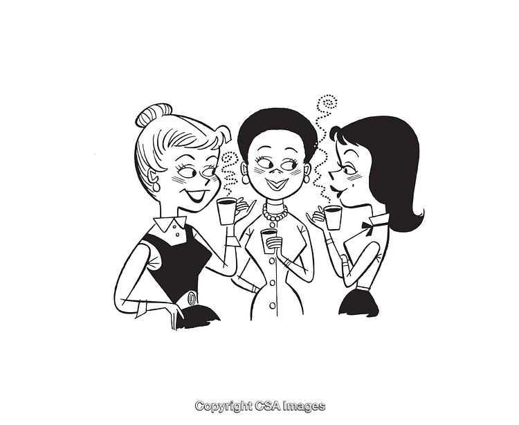 Retro Style Line Art of Three Women Conversing and Laughing Together