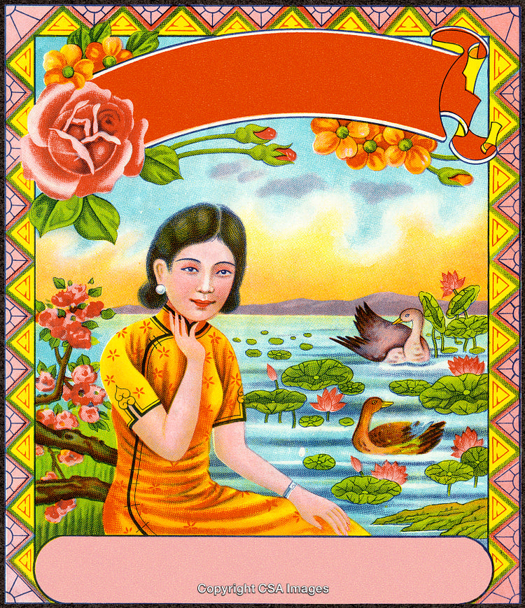 Traditional Artwork Depicting Woman by Pond with Flowers and Ducks