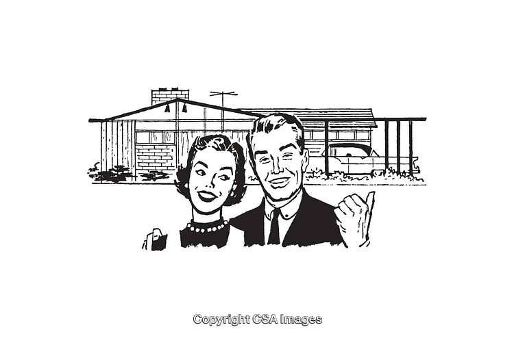Retro Illustration of a Happy Couple with Classic Mid-Century Modern House