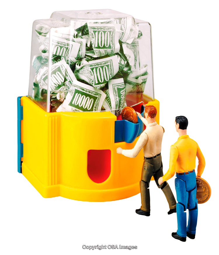 Miniature Toy People Interacting With a Cash-Filled Machine