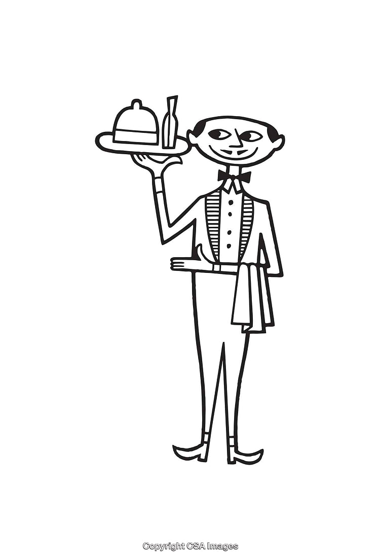 Black and White Line Art of a Waiter Serving a Tray with Food