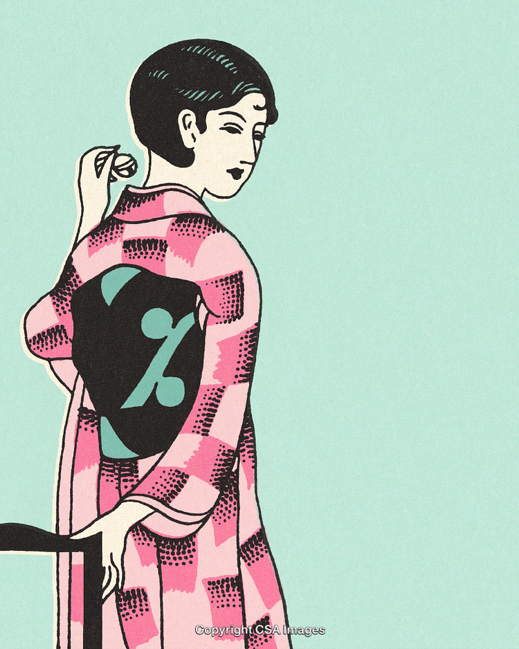 Retro Illustration of Stylish Woman in Pink Garment on Green Background