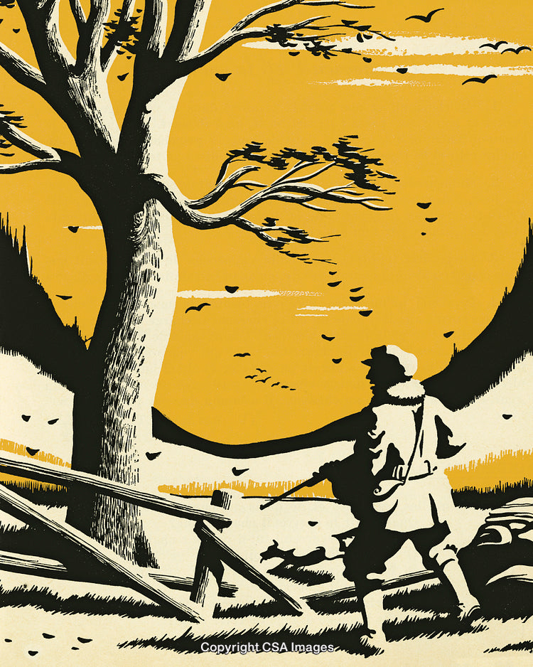 Vintage Illustration of a Hunter in an Autumn Outdoor Landscape