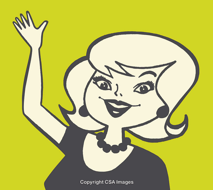 Retro Style Cartoon Woman Waving on a Bright Background