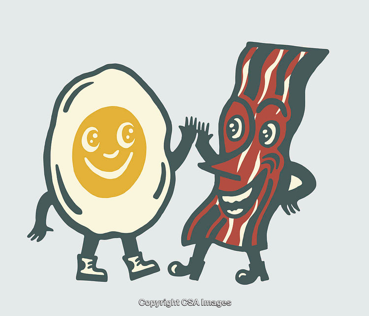 Whimsical Cartoon Illustration of Happy Egg and Bacon Friendship