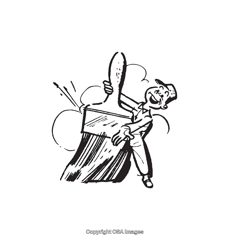 Cartoon Line Art Illustration of a Happy Man Holding a Large Paintbrush