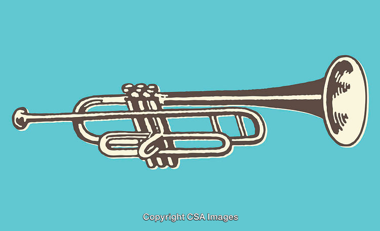 Vintage Trumpet Illustration on Blue Background Featuring Classic Line Art