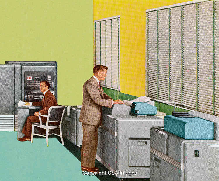 Retro Office Scene Featuring early Computers and Professionals at Work