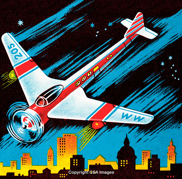 Retro Airplane Flying Over Cityscape Under Starry Night Sky